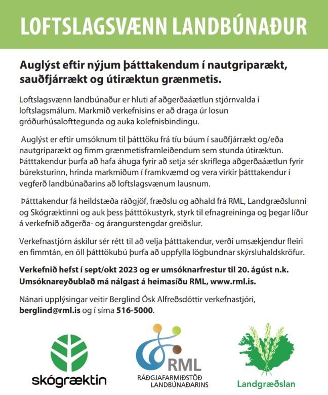 Umsókn um þátttöku í loftslagsvænum landbúnaði - umsóknarfrestur er framlengdur til 27. ágúst fyrir …