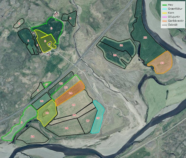 Mynd: Í Jörð.is er hægt að skoða loftmyndir með upplýsingum um skráða ræktun og uppskeru á árinu. At…