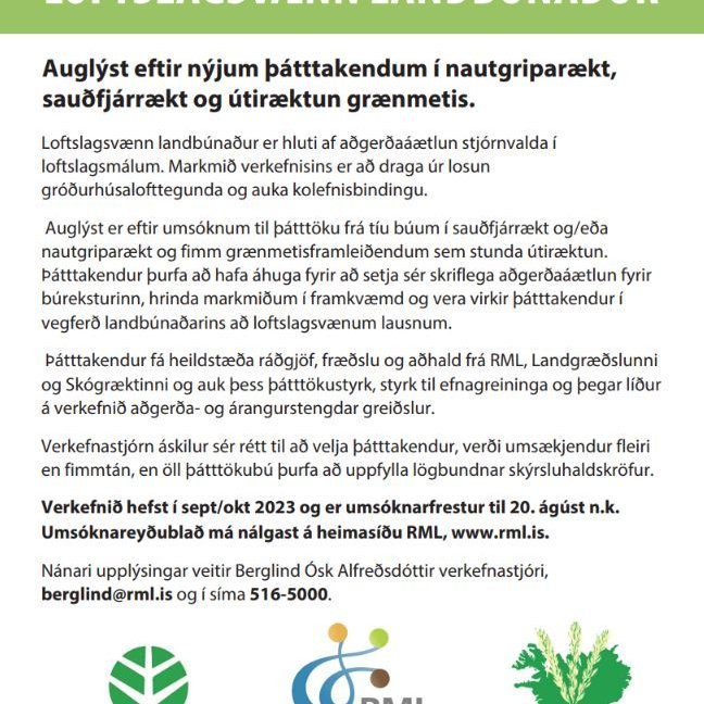 Umsókn um þátttöku í loftslagsvænum landbúnaði - umsóknarfrestur er framlengdur til 27. ágúst fyrir …
