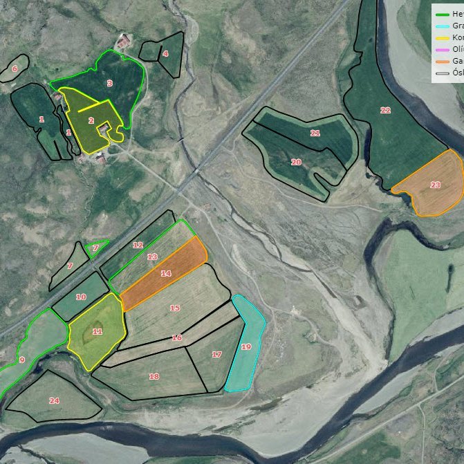Mynd: Í Jörð.is er hægt að skoða loftmyndir með upplýsingum um skráða ræktun og uppskeru á árinu. At…